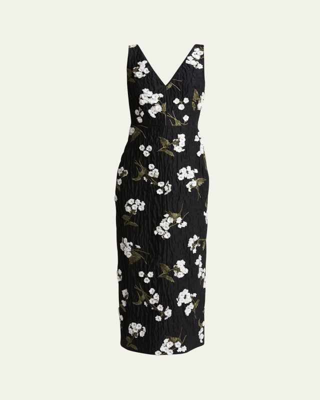 Floral-Embroidered Crinkle Effect Midi Cocktail Dress